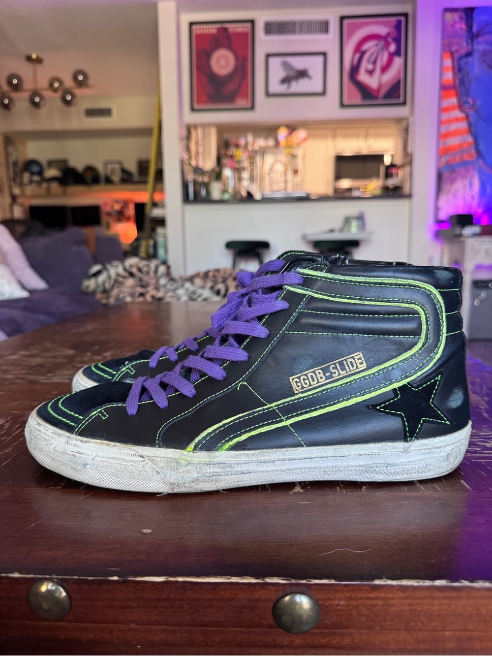 Golden Goose Slide Leather High-Top Sneaker in Black & Neon Green - Picture 2 of 7